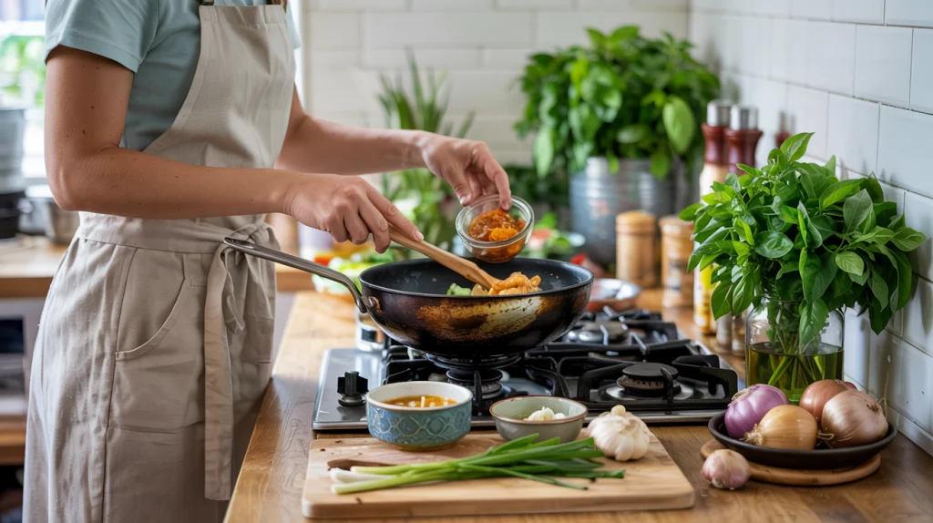 a woman in a home kitchen at a wok on the stove making Thai food