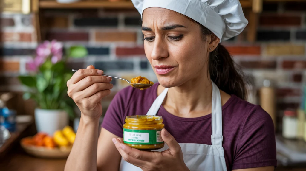 a woman smelling a tablespoon of curry paste she just got from a jar