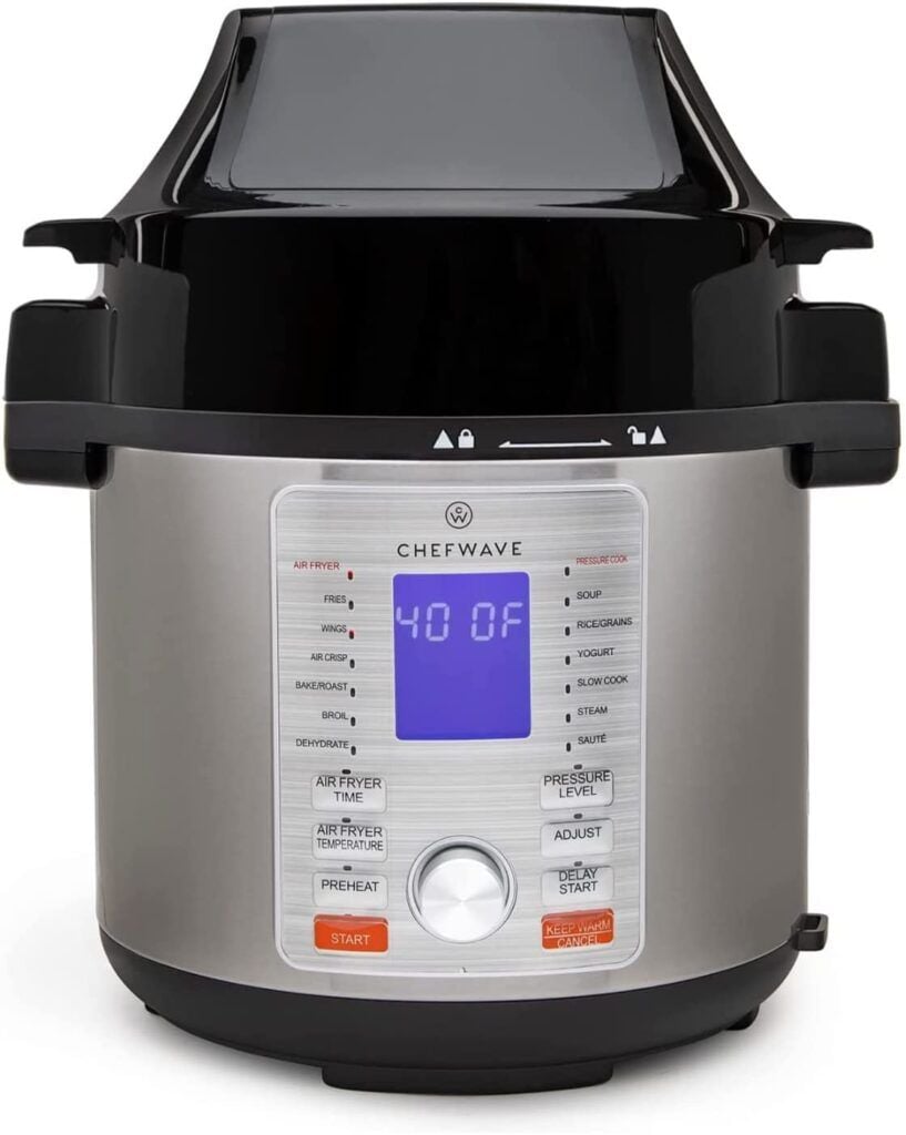 Stainless Steel Reversible Rack & 4-Qt Non-Stick Air Fryer Basket; 6 Programme NUWAVE DUET Pressure Air Fryer; All-in-1 Multi-Cooker with Combo Cook Technology; Removable Pressure & Crisping Lids for Convenient Storage; 6-Qt Heavy-Duty Stainless Steel Pot 