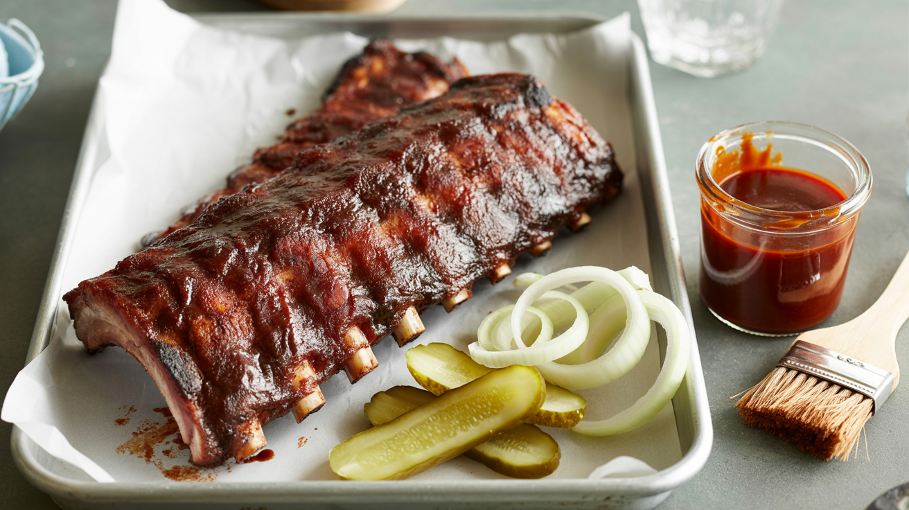 a generous portion of smoked barbecue ribs arranged on a pristine white paper-lined tray