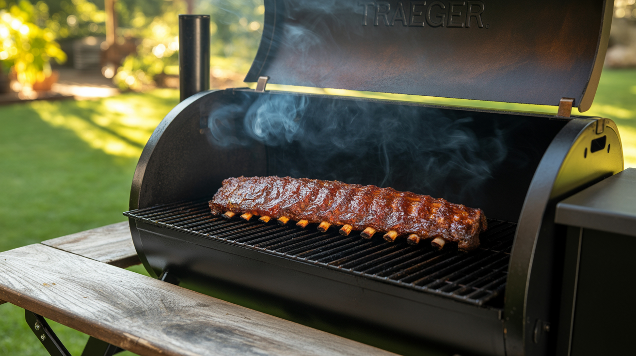 a rack of baby back ribs sizzling on the grate of a Traeger pellet grill with its lid slightly ajar