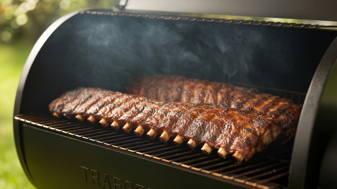 two racks of smoked pork ribs resting within a Traeger pellet grill