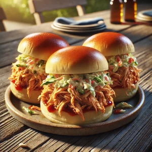a plate of BBQ shredded Chicken Sliders with Slaw, sitting on a plate on a picnic table