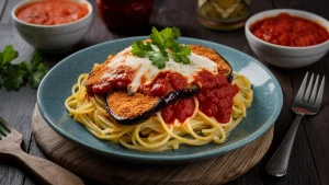 breaded and fried Eggplant Parmesan with homemade marinara sauce on top of spaghetti noodles
