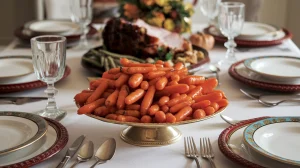 Slow Cooker Maple & Brown Sugar Glazed SMALL baby Carrots on a serving platter on a dining table during the Thanksgiving holiday season