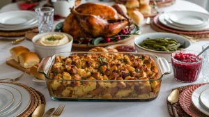 Thanksgiving stuffing in a glass baking dish surrounded by all the traditional Thanksgiving foods on a beautiful dining table