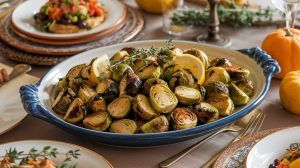 a ceramic serving platter with browned and roasted halved garlic roasted brussels sprouts drizzled with balsamic vinegar and garnished with sprigs of fresh thyme and lemon slices on an elegant fall dining table surrounded by other fall side dishes and entrees.