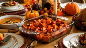 a glass baking dish with of browned and roasted cubed brown sugar glazed sweet potatoes on an elegant fall dining table surrounded by other fall side dishes and entrees.