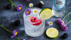 A refreshing drink garnished with vibrant flowers and a slice of lime. The drink is placed in a clear glass
