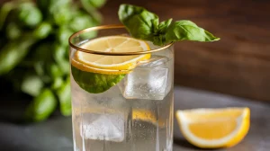 A tall glass filled with a clear liquid, possibly a cocktail or mocktail. At the top of the glass, there's a slice of lemon and 2 basil leaves