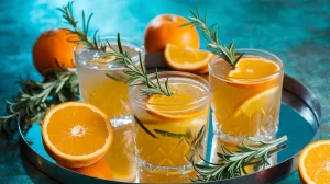 Three glasses filled with a yellowish beverage, garnished with slices of oranges and sprigs of rosemary