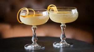 Two elegant glass champagne flutes filled with a pale yellow beverage. The flutes have intricate designs etched onto their stems