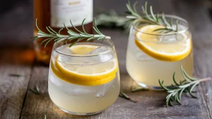 Two glasses filled with a light-colored beverage, possibly a cocktail or mocktail. Each glass is garnished with a slice of lemon and a sprig of