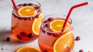 Two glasses filled with a vibrant orange beverage. The drink is adorned with slices of fresh orange and red berries