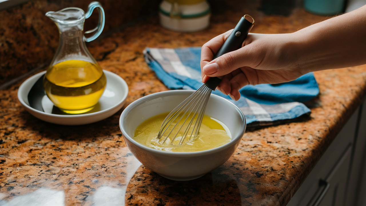 a hand whisking together lemon juice, dijon mustard, chicken broth, and olive oil in a small bowl on a granite kitchen countertop