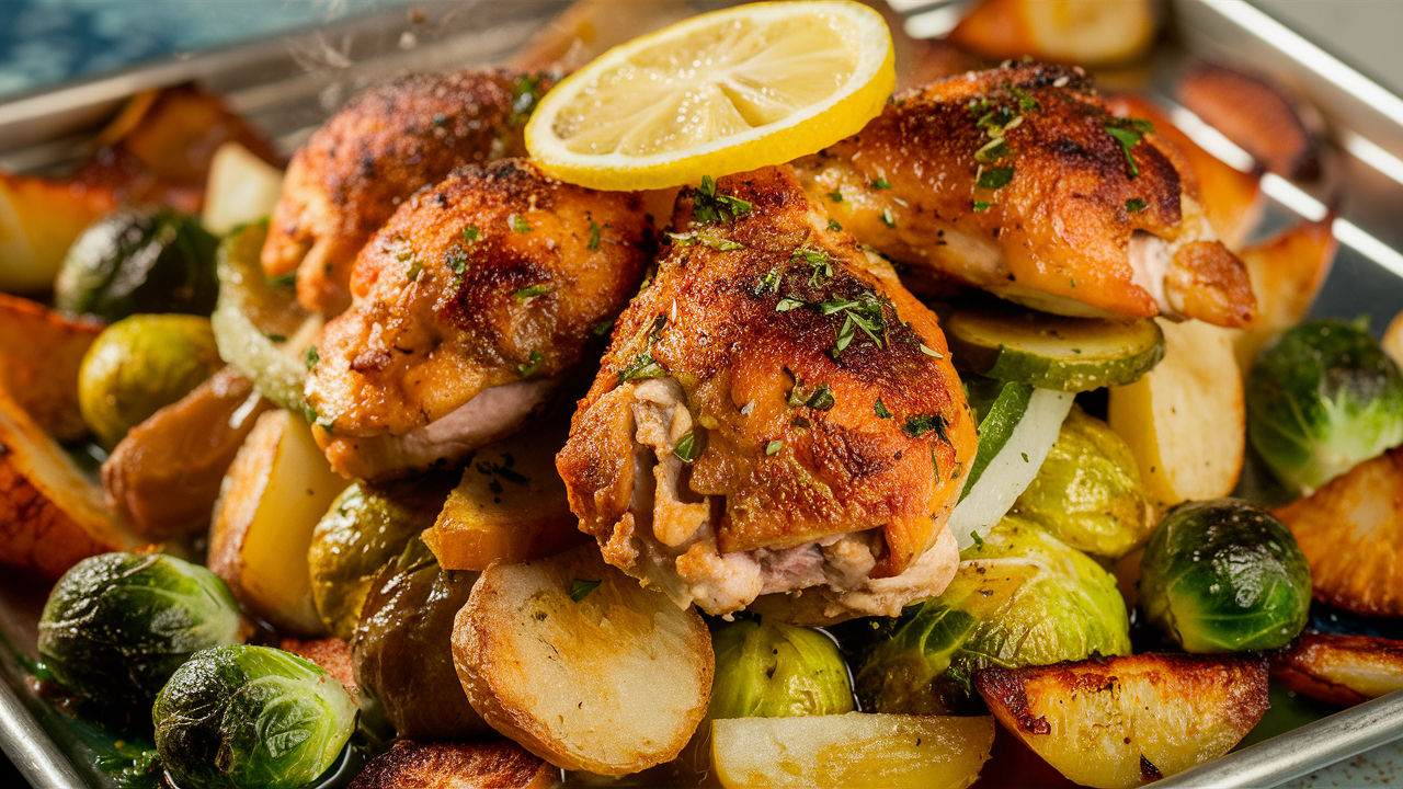 golden-brown chicken pieces seasoned with fragrant herbs, sitting atop a bed of perfectly roasted vegetables