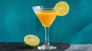A clear martini glass filled with a vibrant orange liquid. Adjacent to the glass is a freshly sliced lime