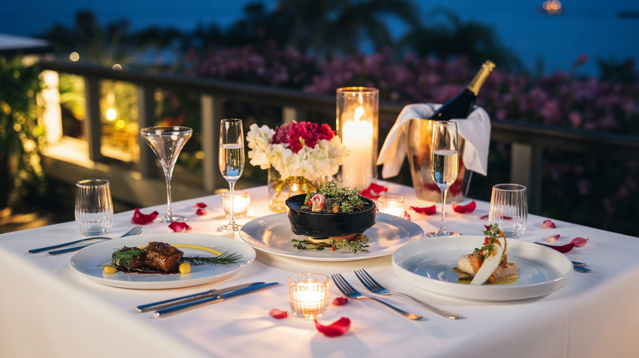 A romantic fine dining photograph showcasing an elegant nighttime table setting with crisp white linens and flickering candlelight