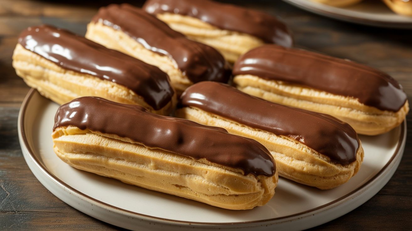 a platter of classic chocolate eclairs