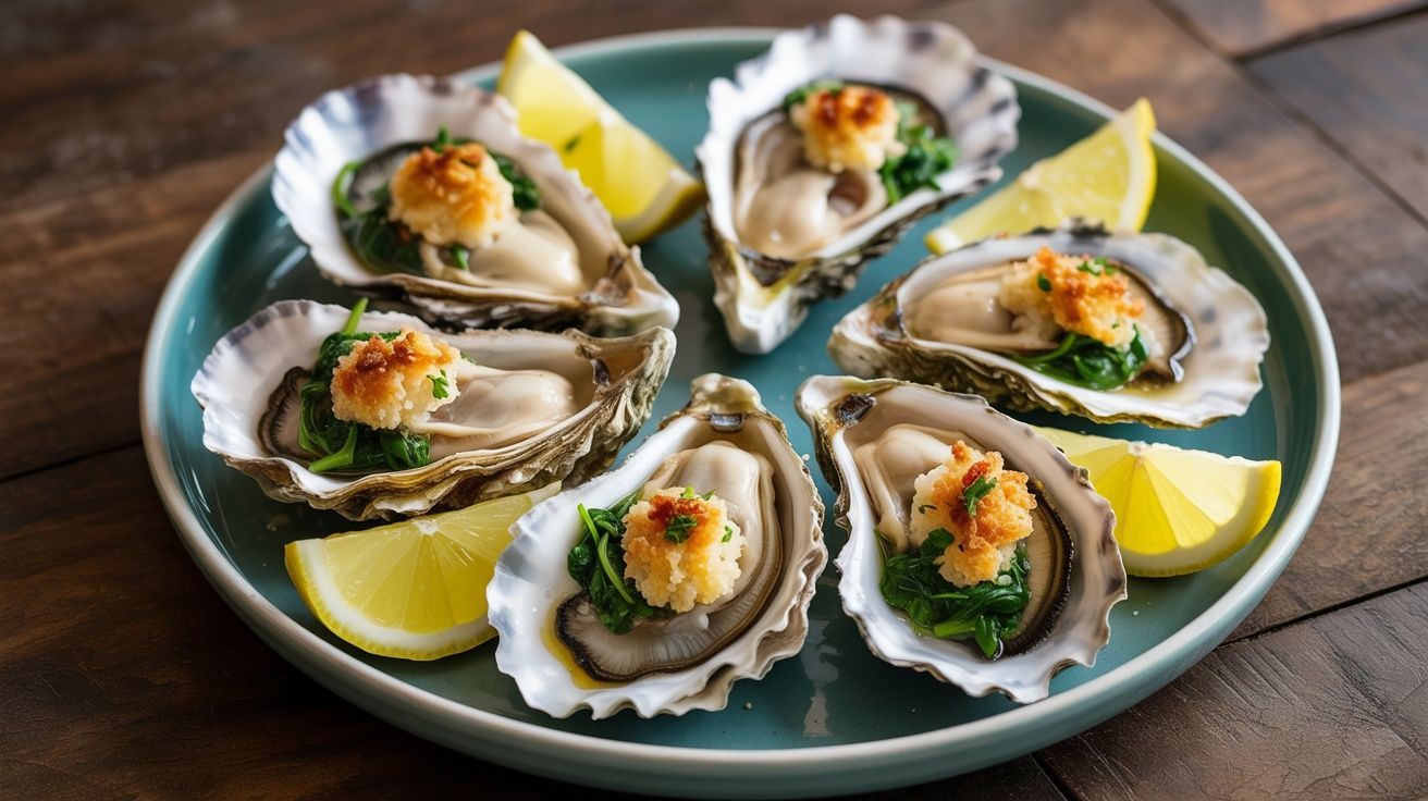 a platter of oysters Rockefeller served with lemon wedges