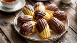 a platter of chocolate-dipped madeleines