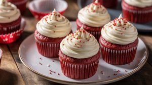 a plate of red velvet cupcakes topped with red sprinkles