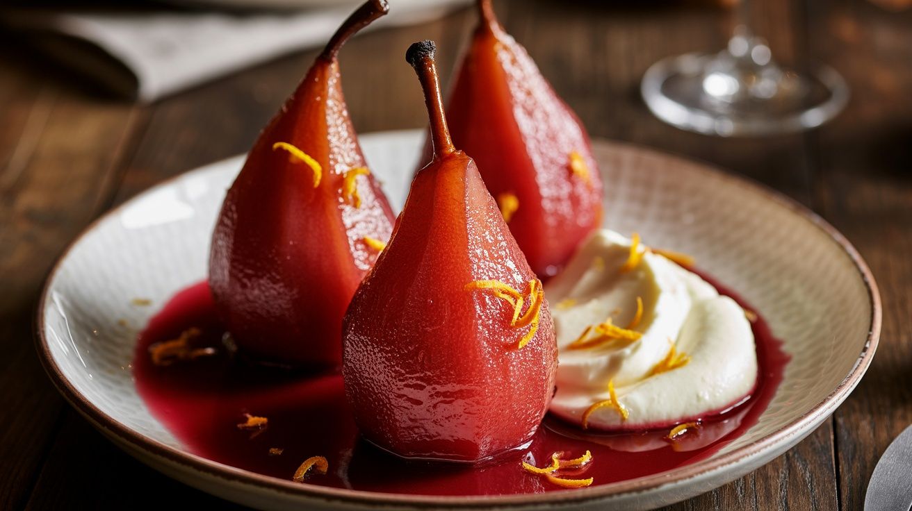 a plate of 3 red wine poached pears with a dollop of mascarpone and seated in a rich red sauce