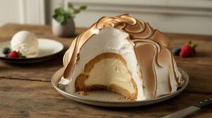 a classsic baked Alaska dessert on a plate cut open to reveal the ice cream inside