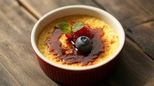 a ramekin filled with a classic creme brulee with a hard caramelized top and garnished with fresh berries and a mint leaf