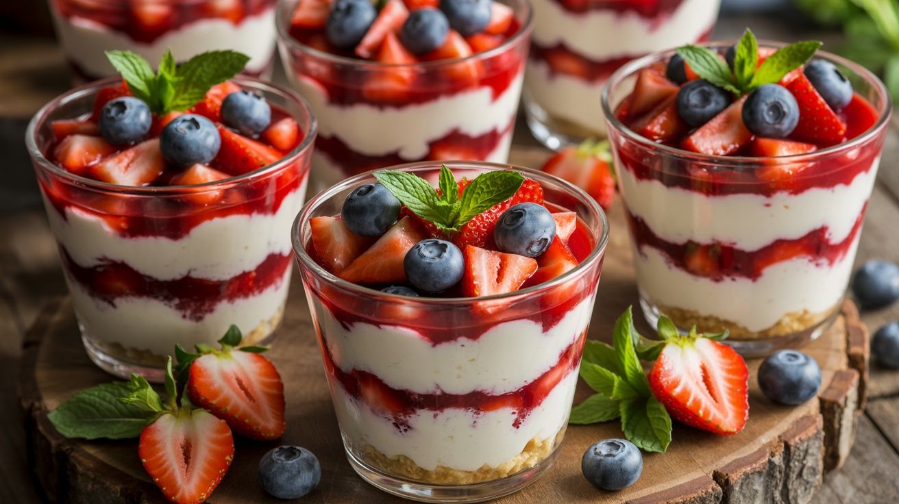 a serving dish with several no-bake cheesecake parfaits topped with fresh berries and a mint leaf
