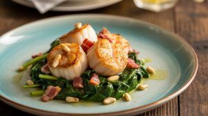 a plate of pan-seared scallops, bacon, and pine nuts over a bed of wilted spinach