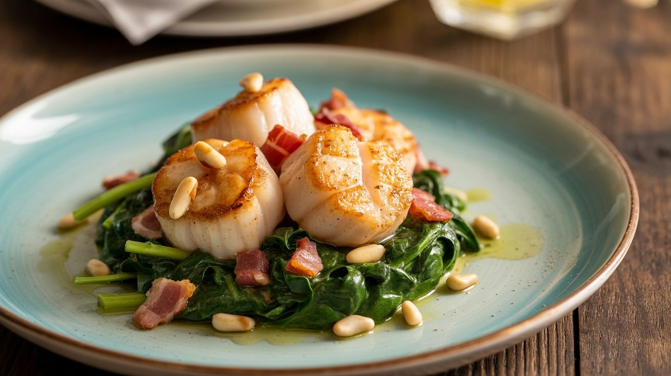 a plate of pan-seared scallops, bacon, and pine nuts over a bed of wilted spinach