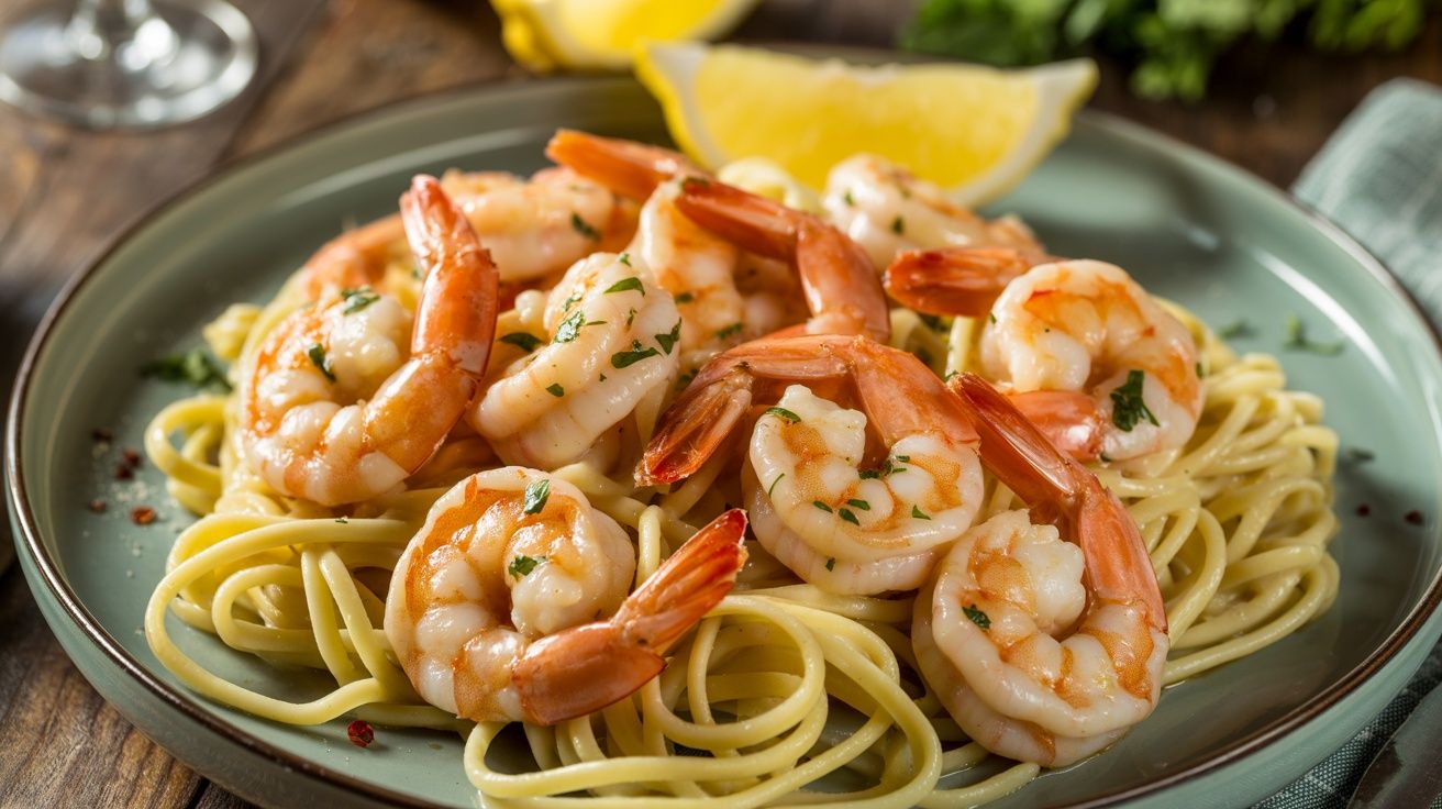 a classic shrimp scampi on a platter with spaghetti noodles and a lemon wedge