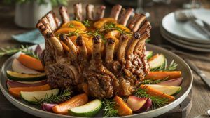an elegant crown roast of pork on a rosemary accented platter with fresh apricots