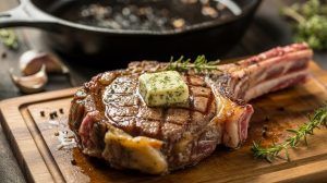 a perfectly cooked pan seared ribeye steak on a wood cutting board with fresh herbs and a pat of butter on top