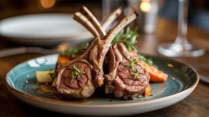 a platter of pan-seared lamb chops with fresh rosemary sprigs