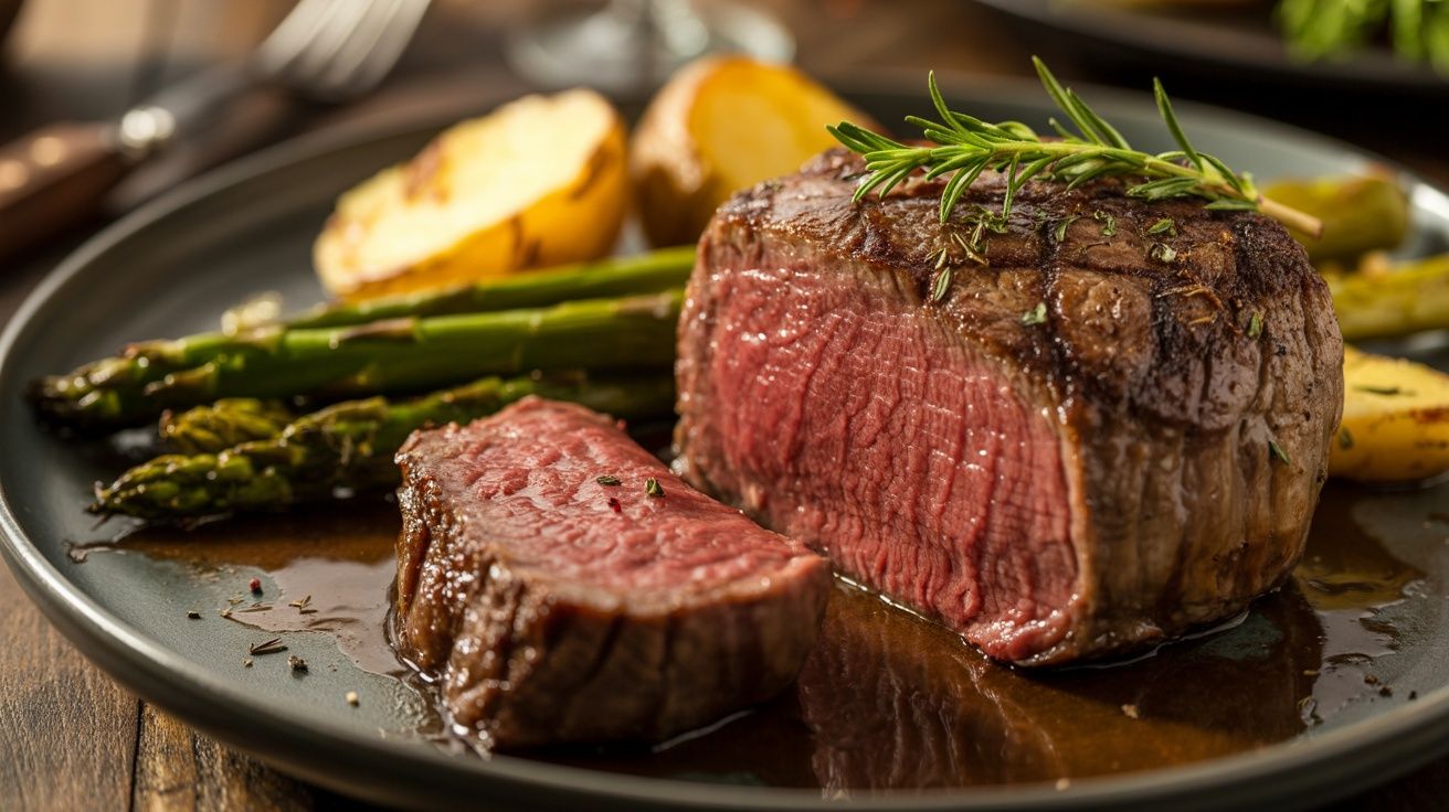 a platter of a filet mignon steak perfectly cooked to medium rare and topped with a rosemary sprig