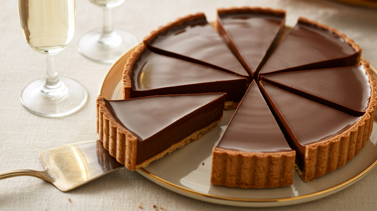 a chocolate tart cut into triangular slices on a cream-colored ceramic plate. In the background, there are 2 full champagne flutes partially visible at the top of the frame