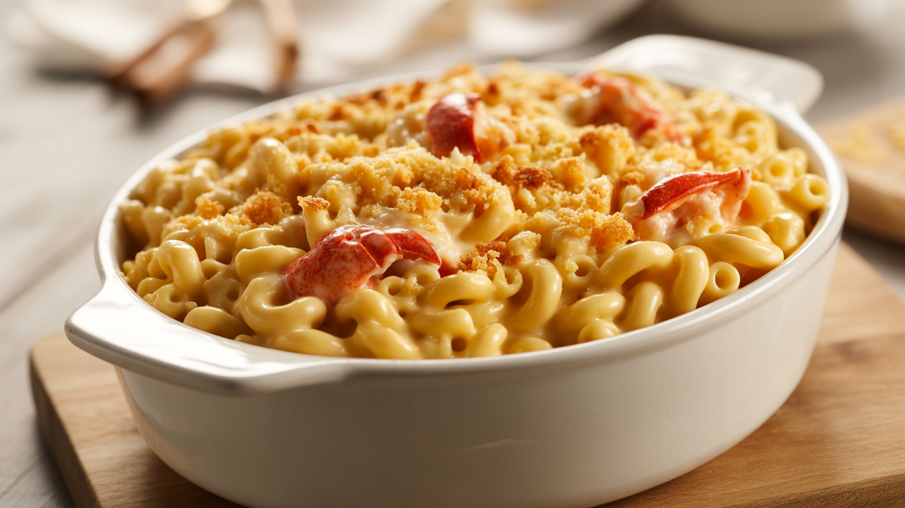 a creamy mac and cheese casserole coated in a rich, golden cheese sauce with visible chunks of red lobster chunks scattered throughout