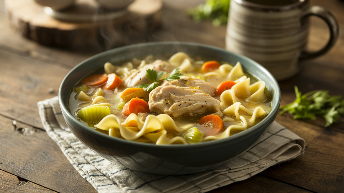 One Pot Chicken Soup with wide egg noodles