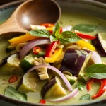 Thai Green Curry with diced eggplant, red and yellow sliced bell peppers, onion slivers, and diced bamboo shoots