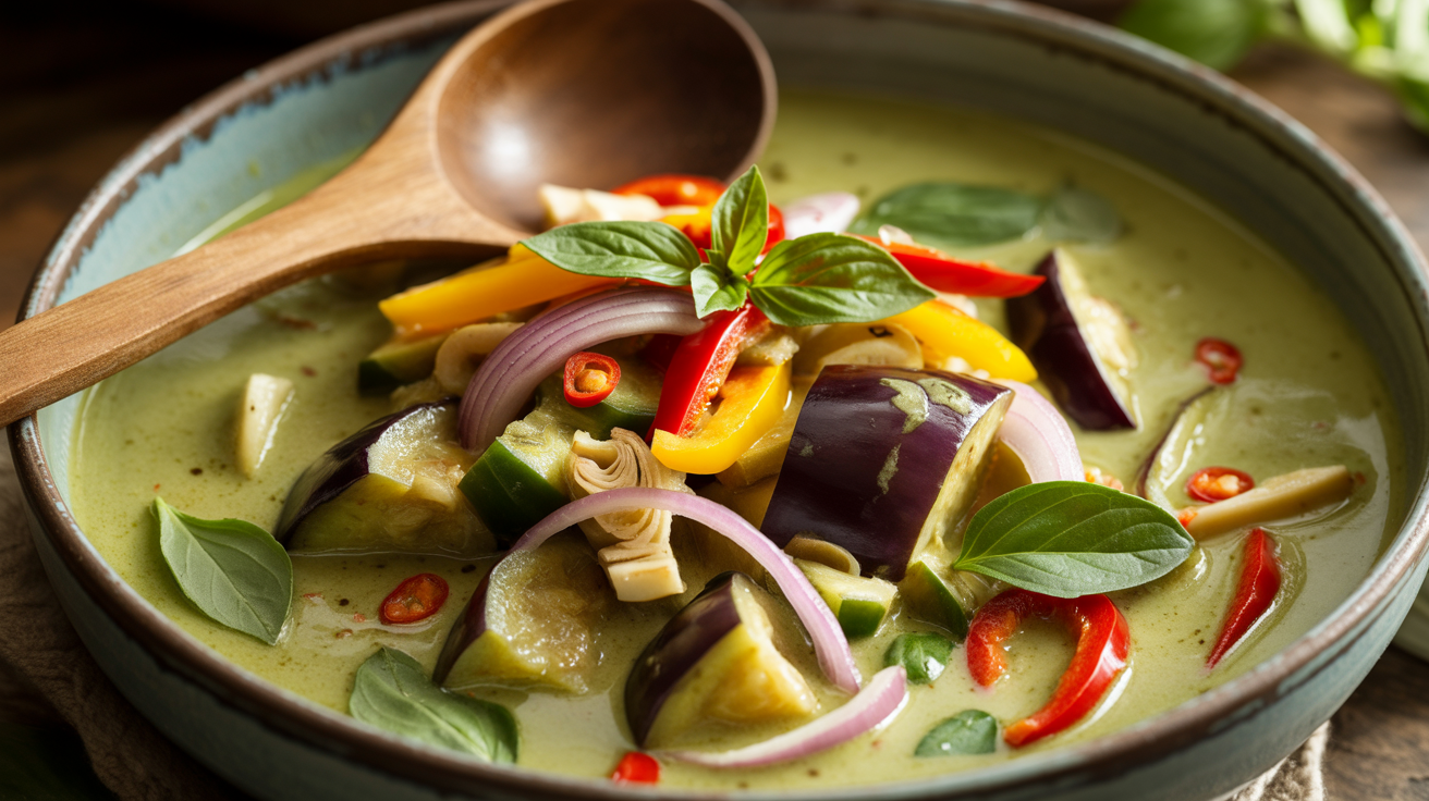 Thai Green Curry with diced eggplant, red and yellow sliced bell peppers, onion slivers, and diced bamboo shoots