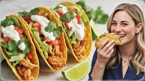 chicken tacos on a metal tray with a woman holding a taco in front of her mouth