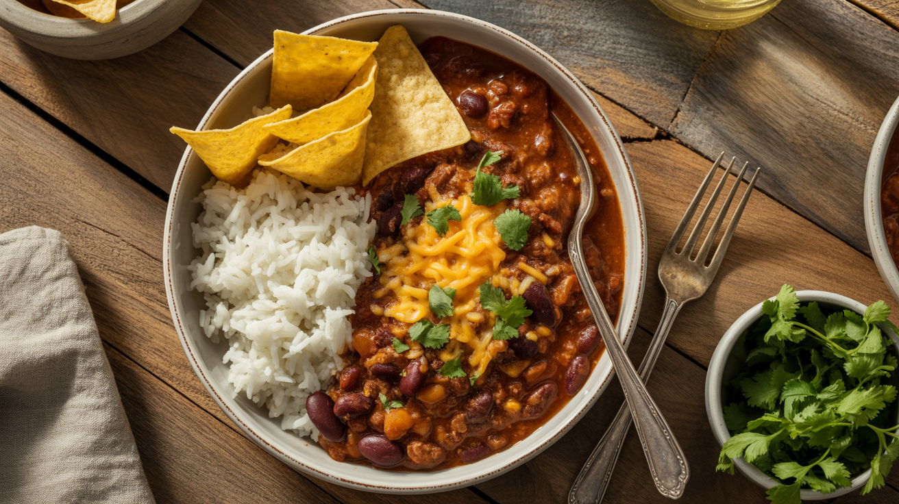 deep red chili con carne, served alongside fluffy white rice and golden corn tortilla chips on a weathered wooden table