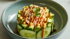 a California roll inspired cucumber salad in a gray ceramic bowl