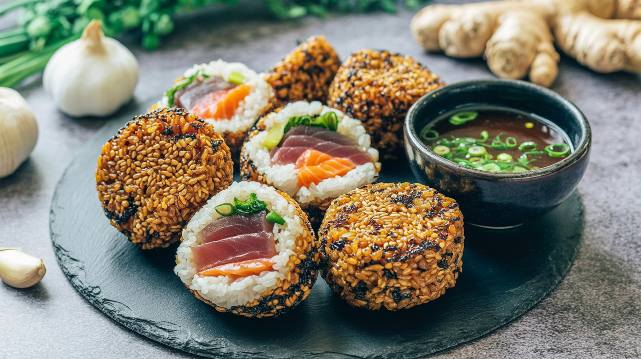 Japanese-style crispy rice balls on a dark slate plate. The balls are topped with golden-brown toasted sesame seeds