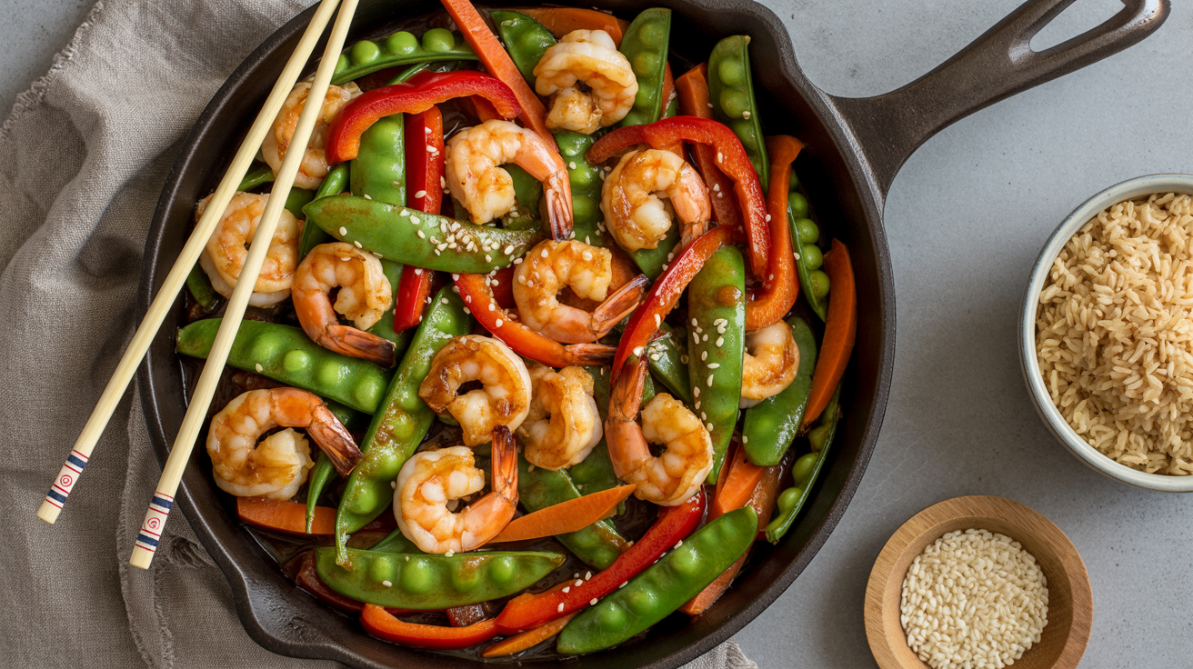 a cast iron skillet containing a vibrant Asian stir-fry. The dish features large shrimp, bright red bell peppers, bright green snap peas, and thin orange carrot slices