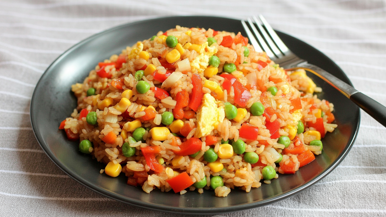 a colorful vegetable fried rice served on a matte black ceramic plate