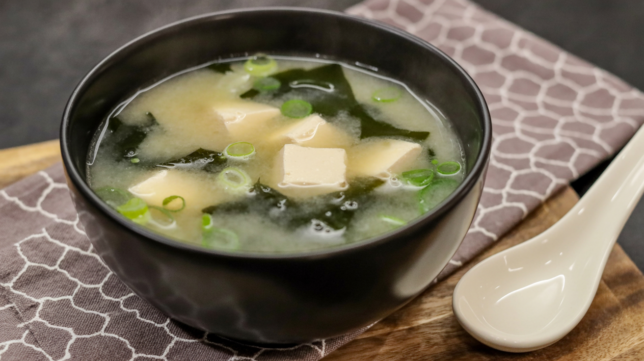 a steaming bowl of miso soup in a matte black ceramic bowl
