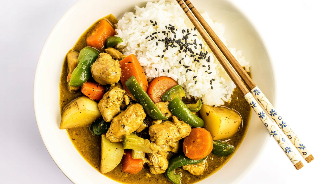 chicken curry with rice in a white ceramic bowl with chopsticks
